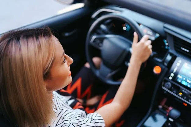 young happy-woman near car with keys